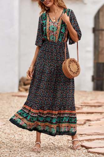 V Neck Summer Boho High Waist Maxi Dresses