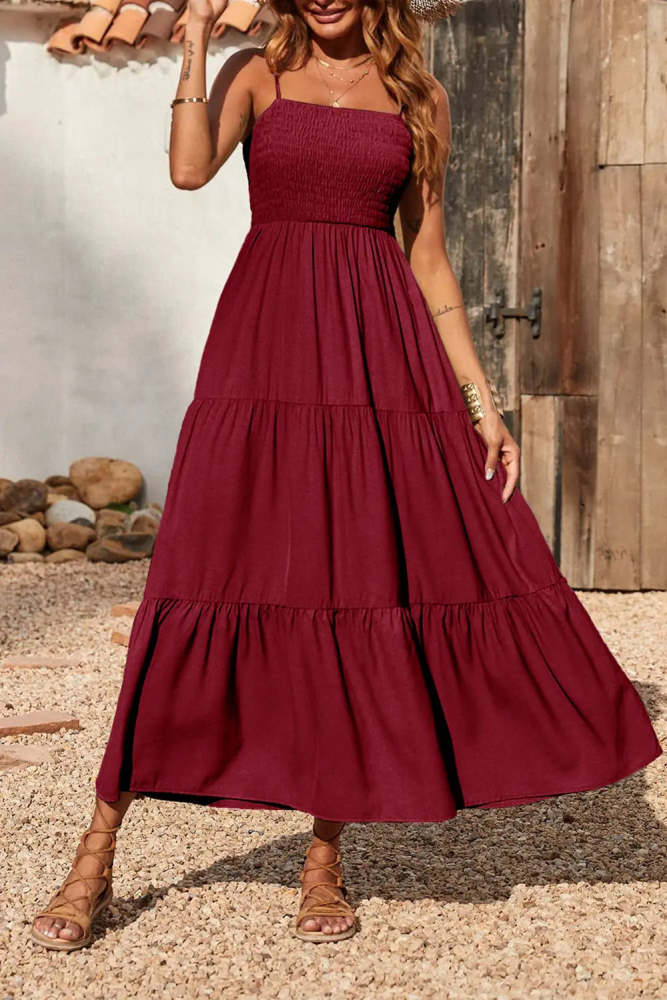 Sleeveless Spaghetti Strap Smocked Tiered Maxi Dress