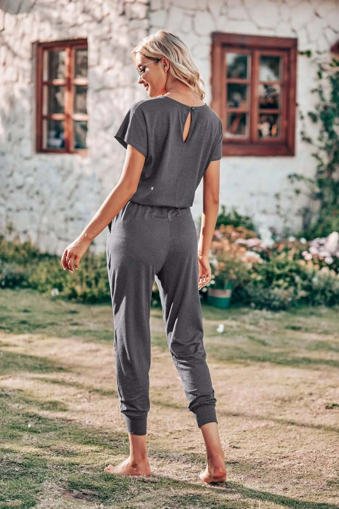 Short Sleeve Crewneck Drawstring Elasitic Waist Jumpsuit