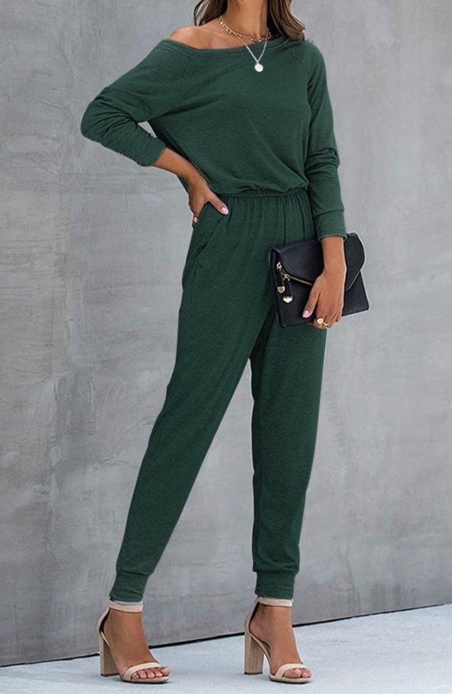 Loose Off Shoulder Elastic Waist Stretchy Jumpsuit