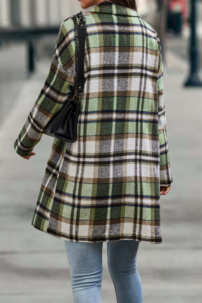 Lapel Wool Blend Plaid Trench Jacket Coat