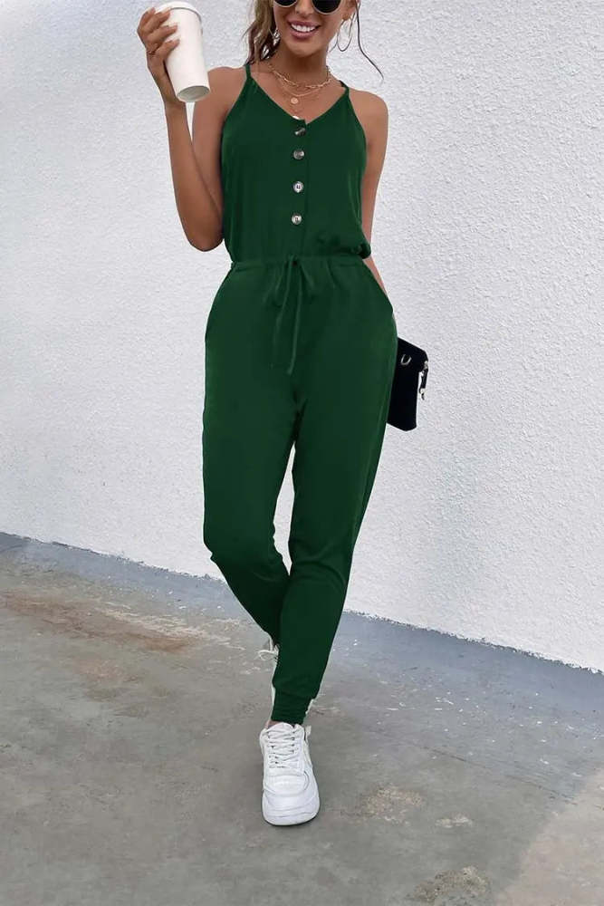 V Neck Sleeveless Button Down Spaghetti Strap Jumpsuit