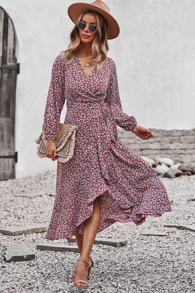 Long Sleeve Tied Waist Wrap Fall Maxi Dress