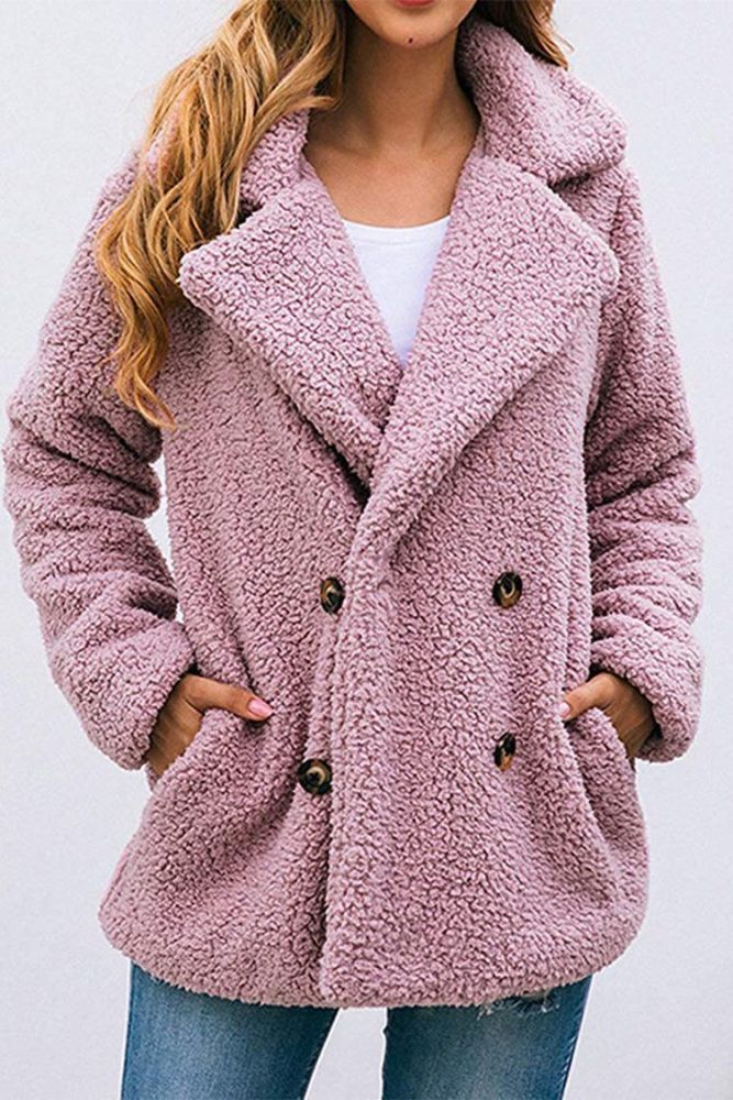 Lapel Buttons Front Faux Shearling Shaggy Oversized Coat Jacket