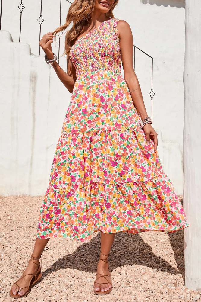 One Shoulder Smocked Bodice Floral Maxi Dress