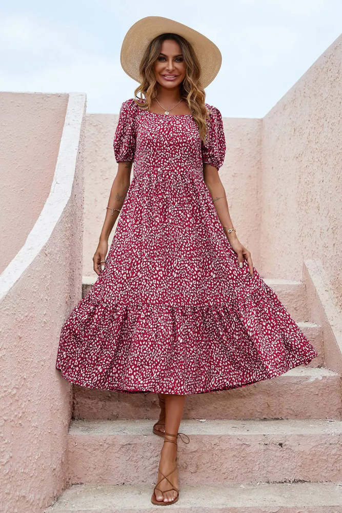 Leopard  Square Neck Flowy Boho Maxi Dress