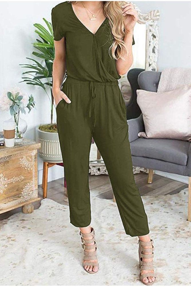 Deep V Neck Wrap Drawstring Waist Jumpsuit