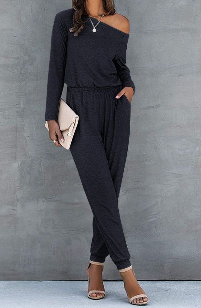 Loose Off Shoulder Elastic Waist Stretchy Jumpsuit