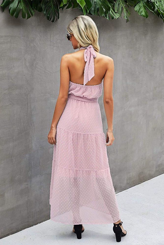 Halter Neck Sleeveless Elegant Polka Dot Backless Long Maxi Dress With Belt