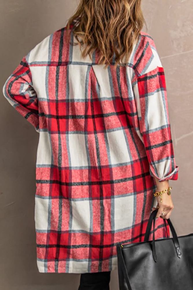 Oversized Plaid Shacket Flap Pockets Long Shirt Jacket