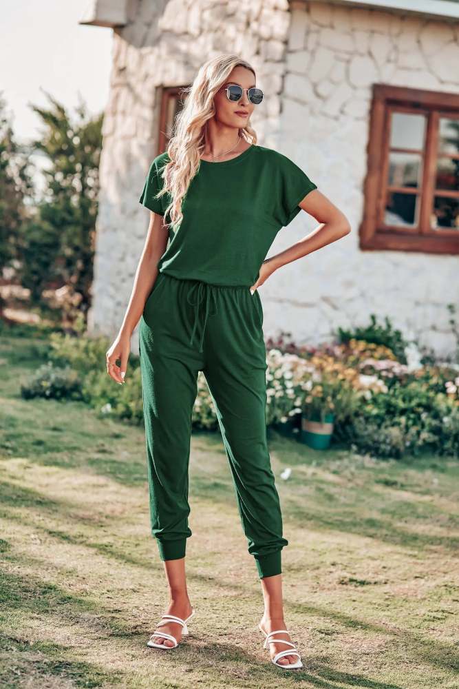 Short Sleeve Crewneck Drawstring Elasitic Waist Jumpsuit