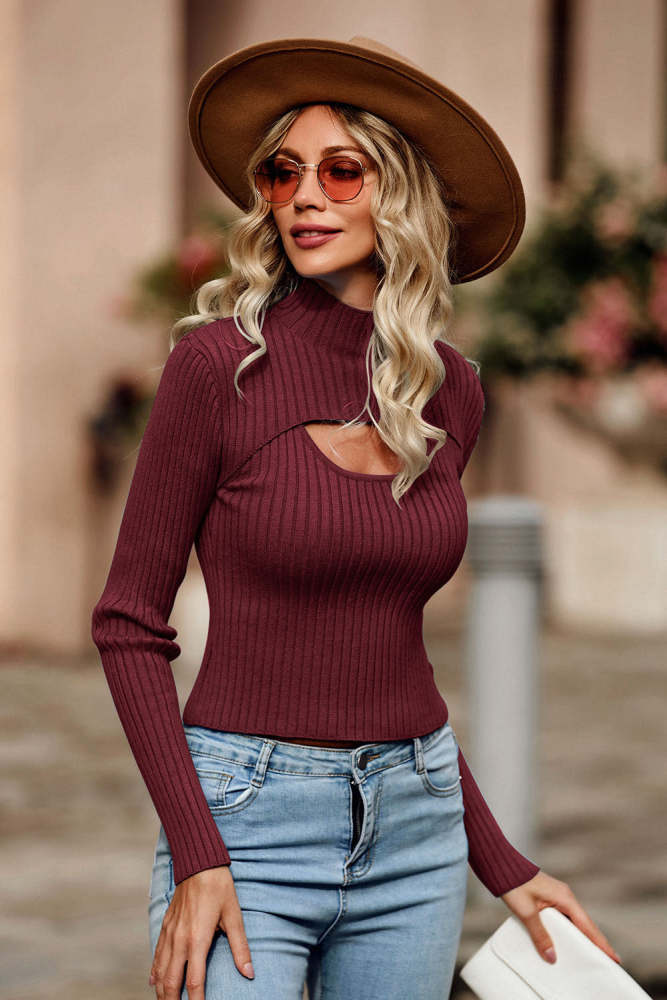 Two Piece Cutout Mock Neck Rib Knit Fitted Pullover Sweater