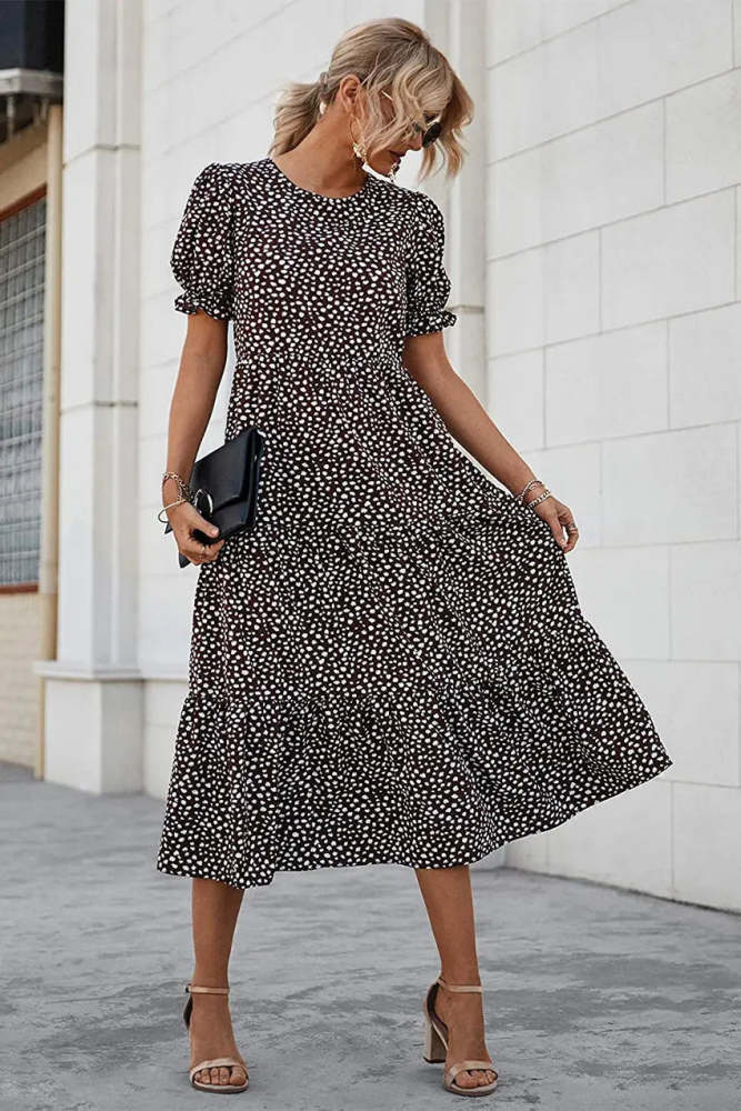 Floral Print Ruffle Puff Sleeve High Waist Midi Dresses