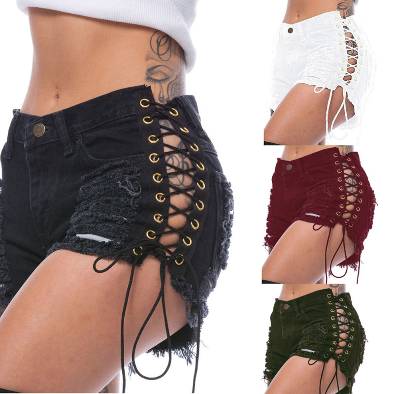 New Women's Fringed Hole Sexy Club Tight Tie Waist Hole Rivet Buttons  Shorts