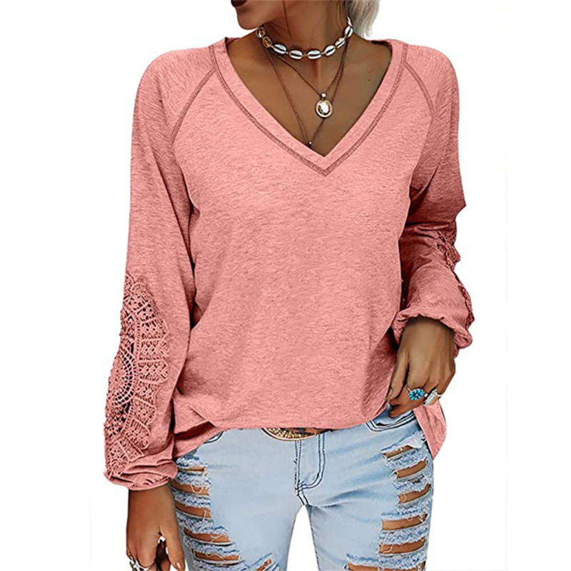 Women's Top Elegant Lace Long Sleeve V Neck Solid Color Shirts