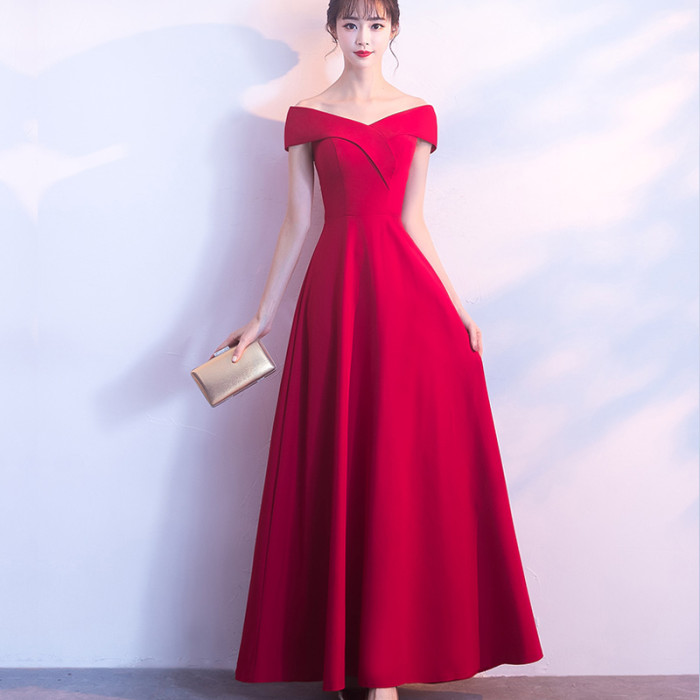 Women's Red V-Neck Flared Long Elegant Fashion Prom Dress