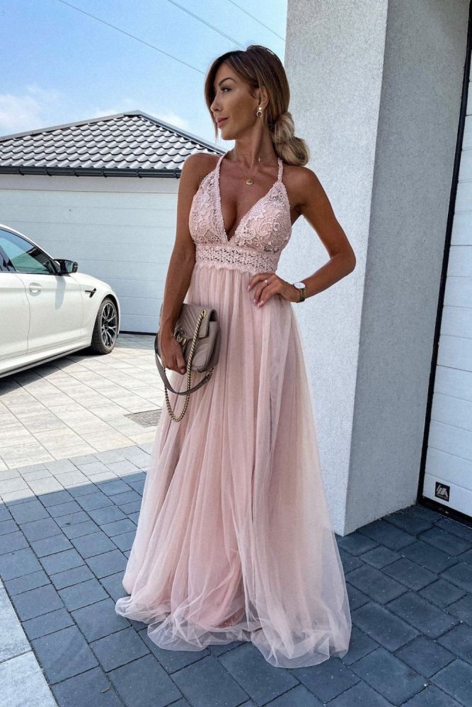 New Elegant Solid Color Party Sexy Deep V Neck Fashion Lace Backless  Prom Dress