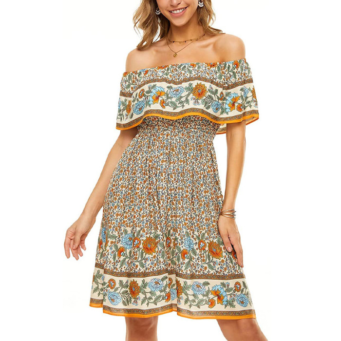 New Boho Print Sexy Off-the-Shoulder  Vacation Dress