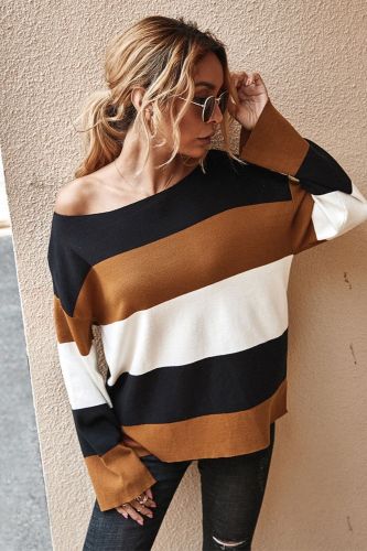 Women Blouses Off Shoulder Tops Striped Print Pullover Jumper Casual Knitted Top Long Sleeve Blouse Knitted 2022