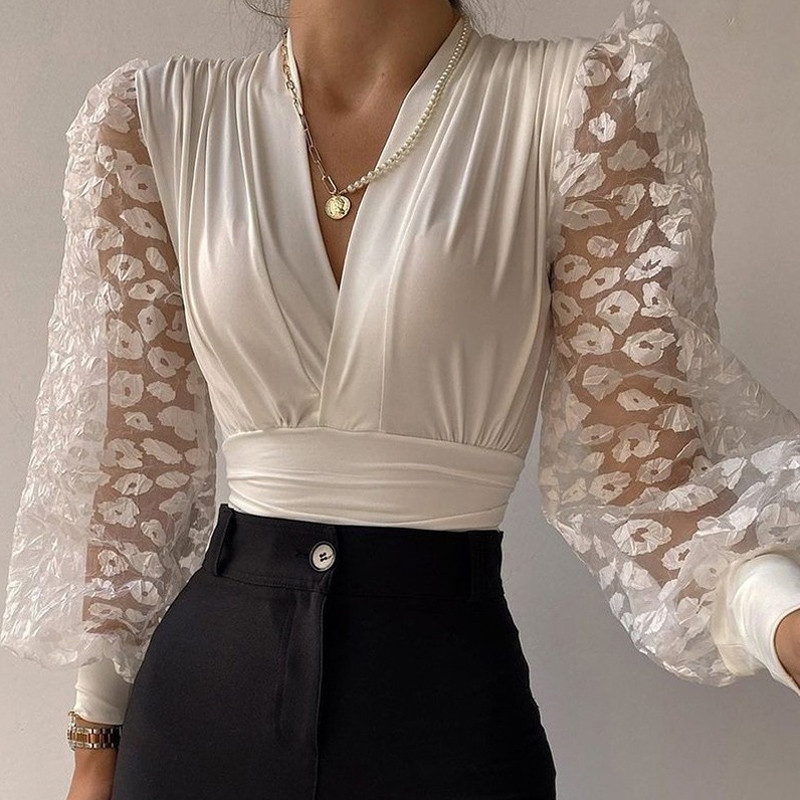 Womens Embroidered Lace Elegant V-Neck Long Sleeves Cutouts Shirts