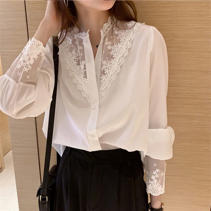 Women Lace Panel Chiffon O Neck Button Long Sleeves Elegant Shirts