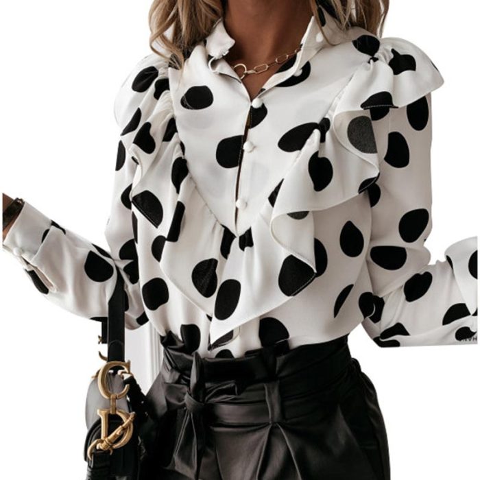 Casual Long Sleeve Leopard Dot Print Chiffon Shirt V-Neck Women's Top Shirt