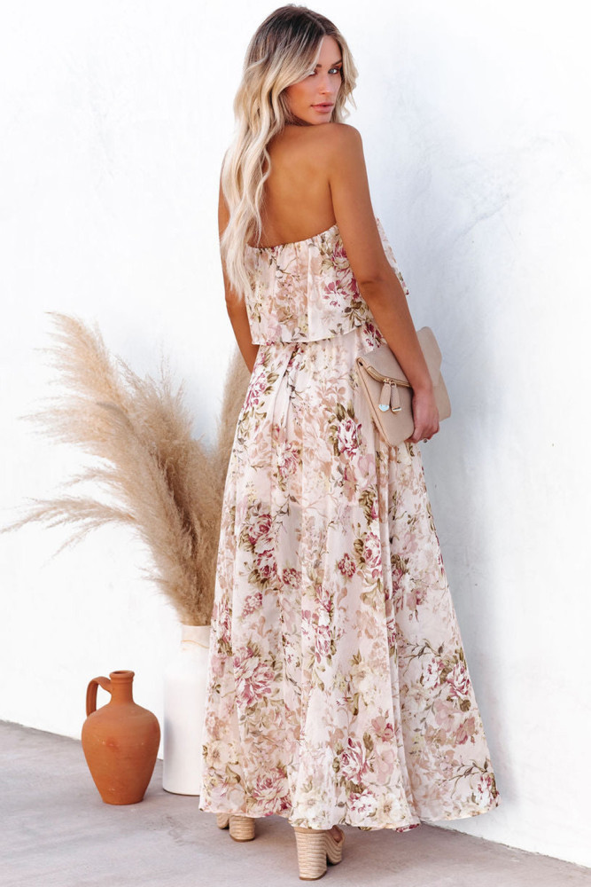 Women's New Tube Top Print Chiffon Elegant Long  Vacation Dress