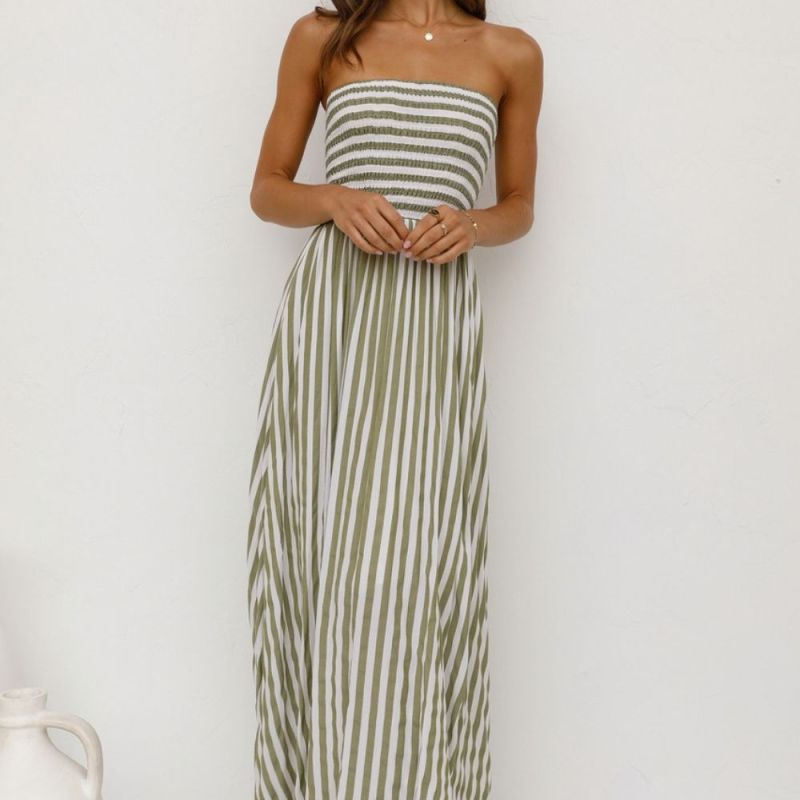 Women's New Off Shoulder Sexy Tube Top Striped  Vacation Dresses