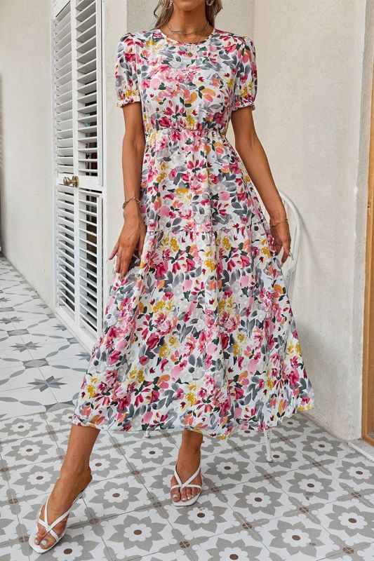 Elegant Boho Women's Floral O-Neck High Waist Zip A-Line Vacation Dress