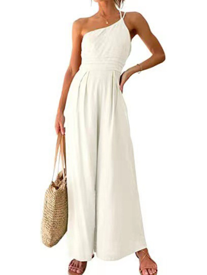 Summer Women's Elegant Solid Color Sexy One-Shoulder Cotton And Linen Jumpsuit