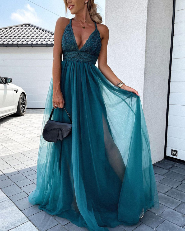 New Elegant Solid Color Party Sexy Deep V Neck Fashion Lace Backless  Prom Dress