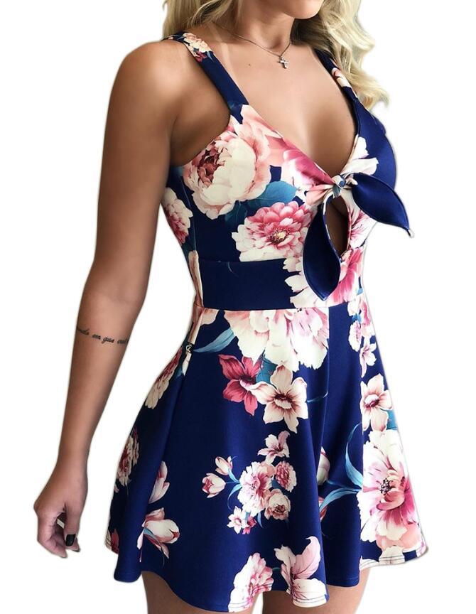 Women's Summer Printed Casual Loose V Neck Beach Sexy Party  Rompers