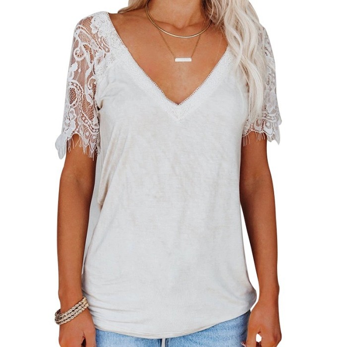 Lace Stitching Women's V-neck Solid Color Casual Loose T-shirt