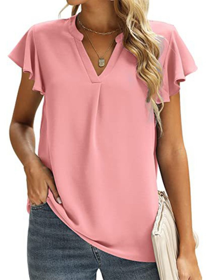 Summer Solid Color Women's Fashion V Neck Elegant Chiffon   T-Shirts