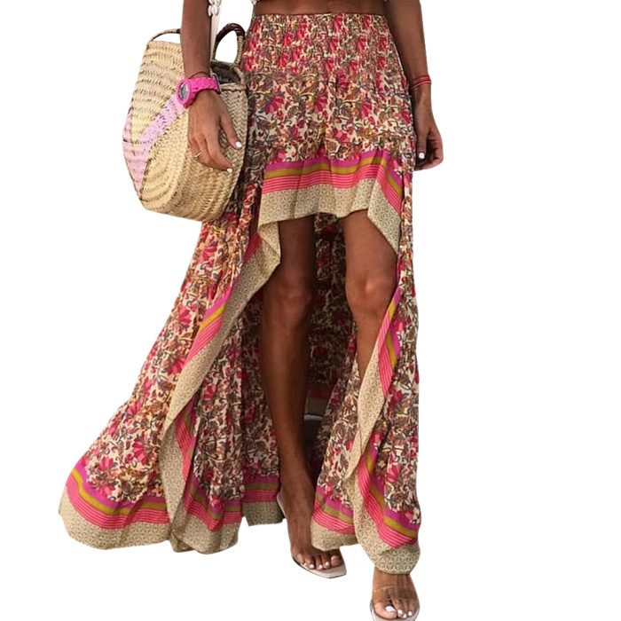 Boho Fashion Asymmetric Beach Floral High Waist Ethnic  Skirts