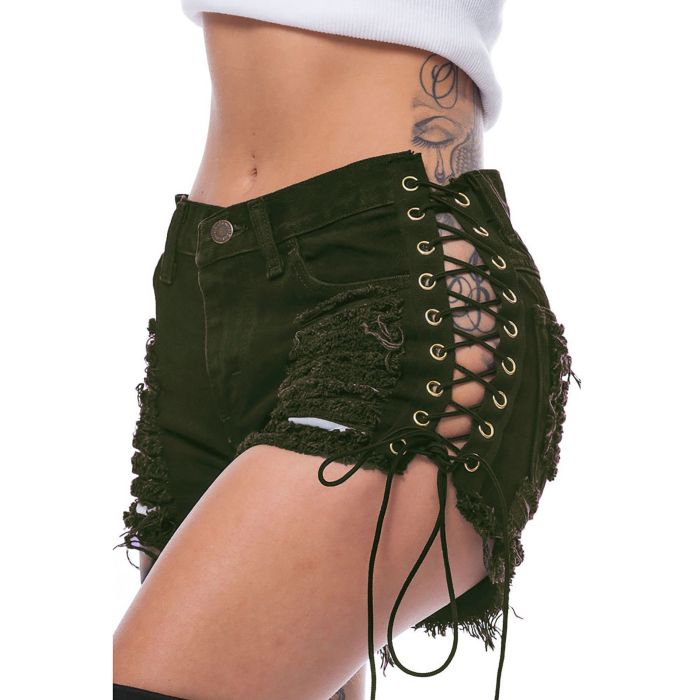 New Women's Fringed Hole Sexy Club Tight Tie Waist Hole Rivet Buttons  Shorts