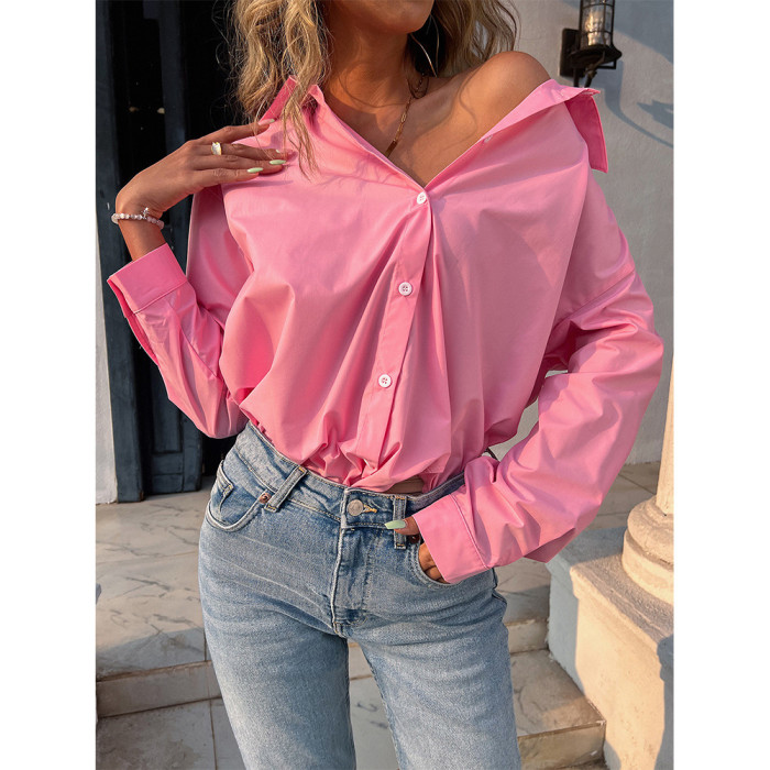 Women's Top Fashion V-Neck Long Sleeve Solid Color Loose Casual   Blouses