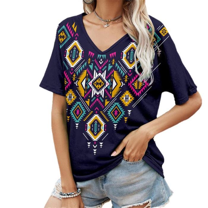 Ladies Print Casual Loose V Neck Boho Ethnic Pattern T-Shirts