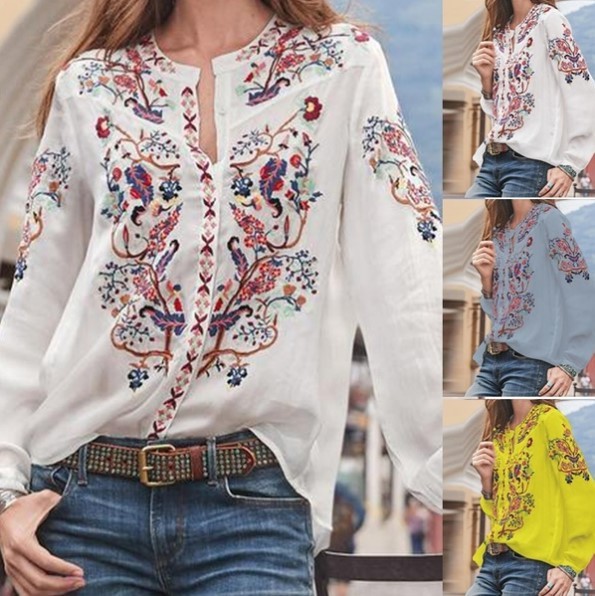 New Women Fashion Long Sleeve Floral Print Loose Casual Shirts