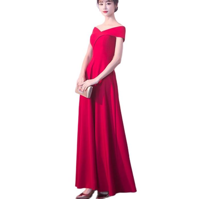 Women's Red V-Neck Flared Long Elegant Fashion Prom Dress