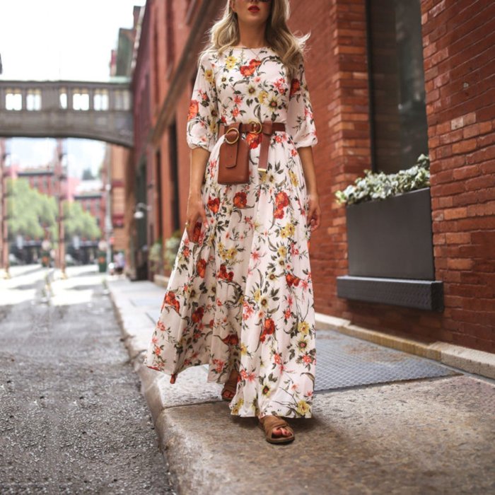 Stylish Elegant Floral Print Half Sleeve Maxi Dresses