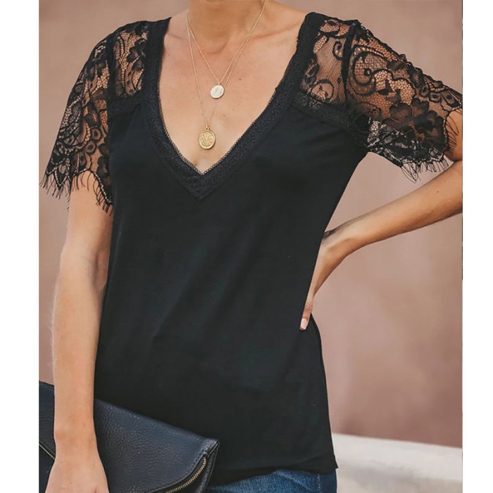 Lace Stitching Women's V-neck Solid Color Casual Loose T-shirt