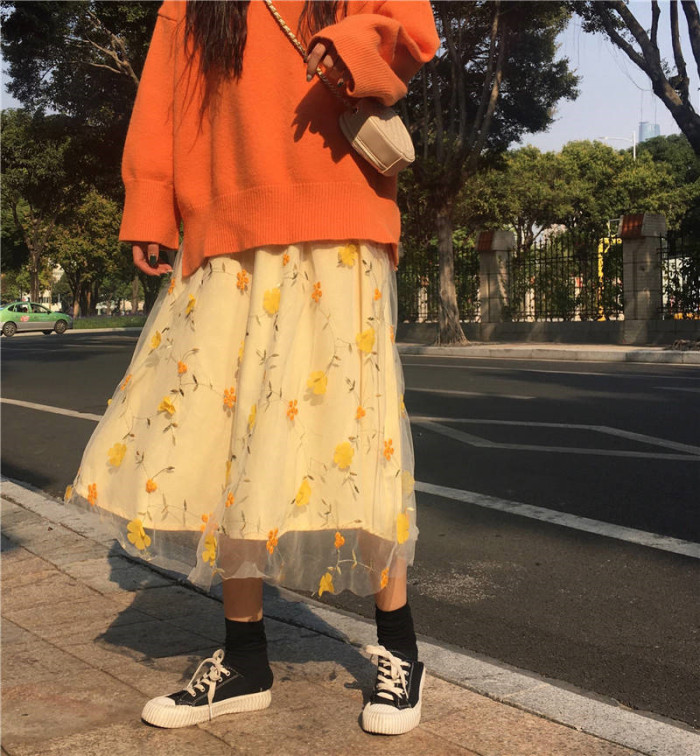 New Women's Yellow 3D Flower Lace High Waist Mesh Elegant Skirt