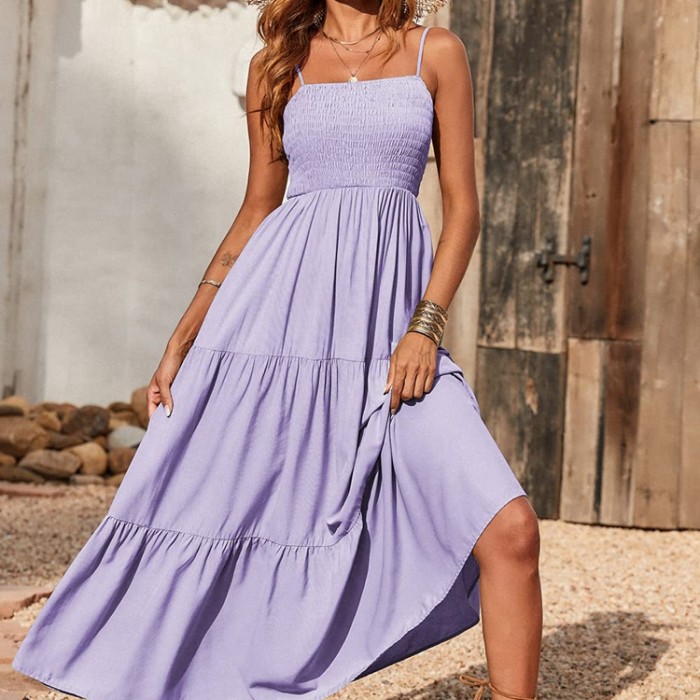 Women's Summer Sleeveless Ruched Casual Boho Beach Fashion  Maxi Dress
