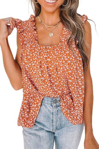 Women's Top Floral Square Neck Pullover Loose Sleeveless T-Shirt