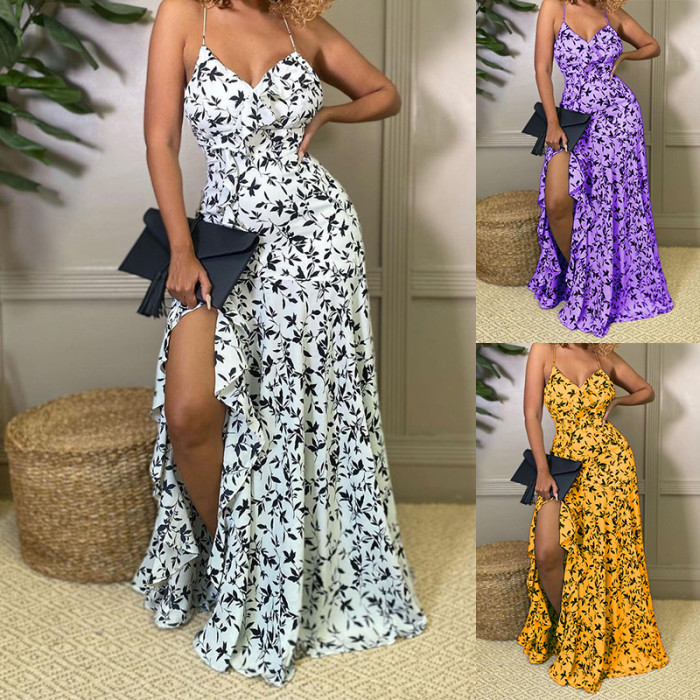 New Printed Boho Sexy Sling Sleeveless V-Neck High Waist  Vacation Dress