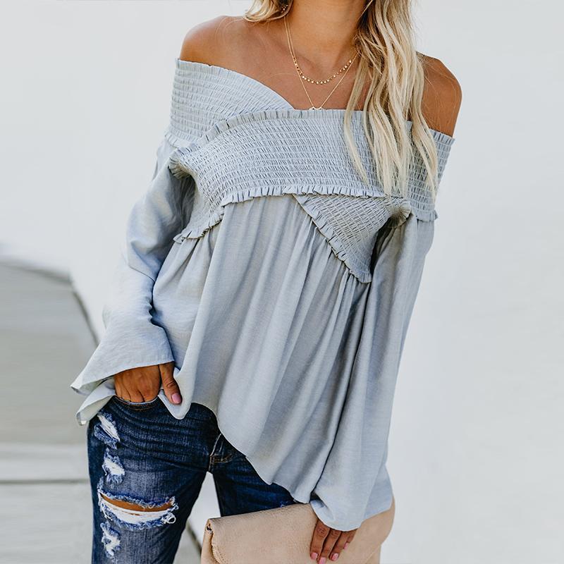 Elastic Off Shoulder Long Flare Sleeve Plain Pleated Loose T-Shirts