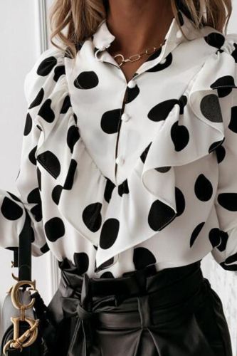 Casual Long Sleeve Leopard Dot Print Chiffon Shirt V-Neck Women's Top Shirt
