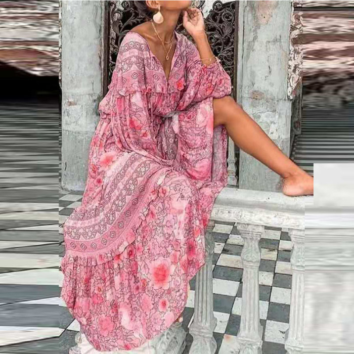 Boho Floral Print Loose Party V-Neck Balloon Sleeve  Vacation Dress