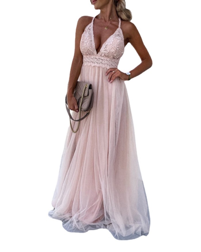 New Elegant Solid Color Party Sexy Deep V Neck Fashion Lace Backless  Prom Dress